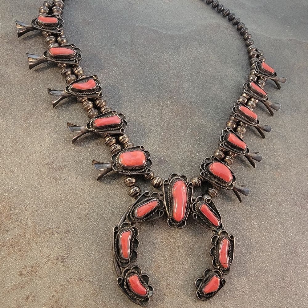 Vintage Navajo 1960's Red Coral Squash Blossom Necklace - Picture 6 of 11
